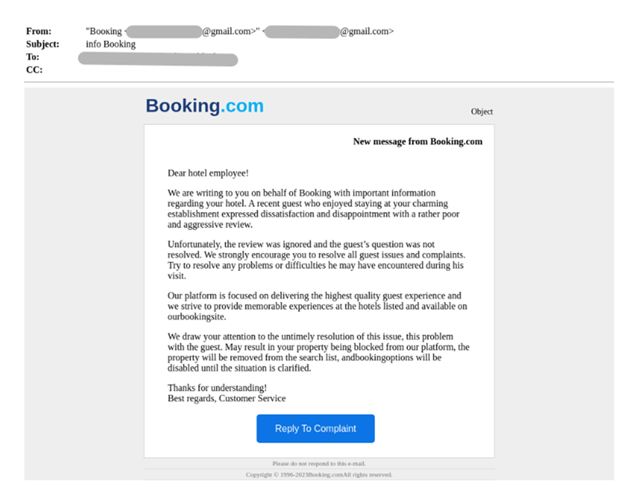 Socially engineered message on the booking.com platform