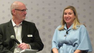 Chicago winner Lori Tisinai (right) shares her views on community with Michael Siggins.